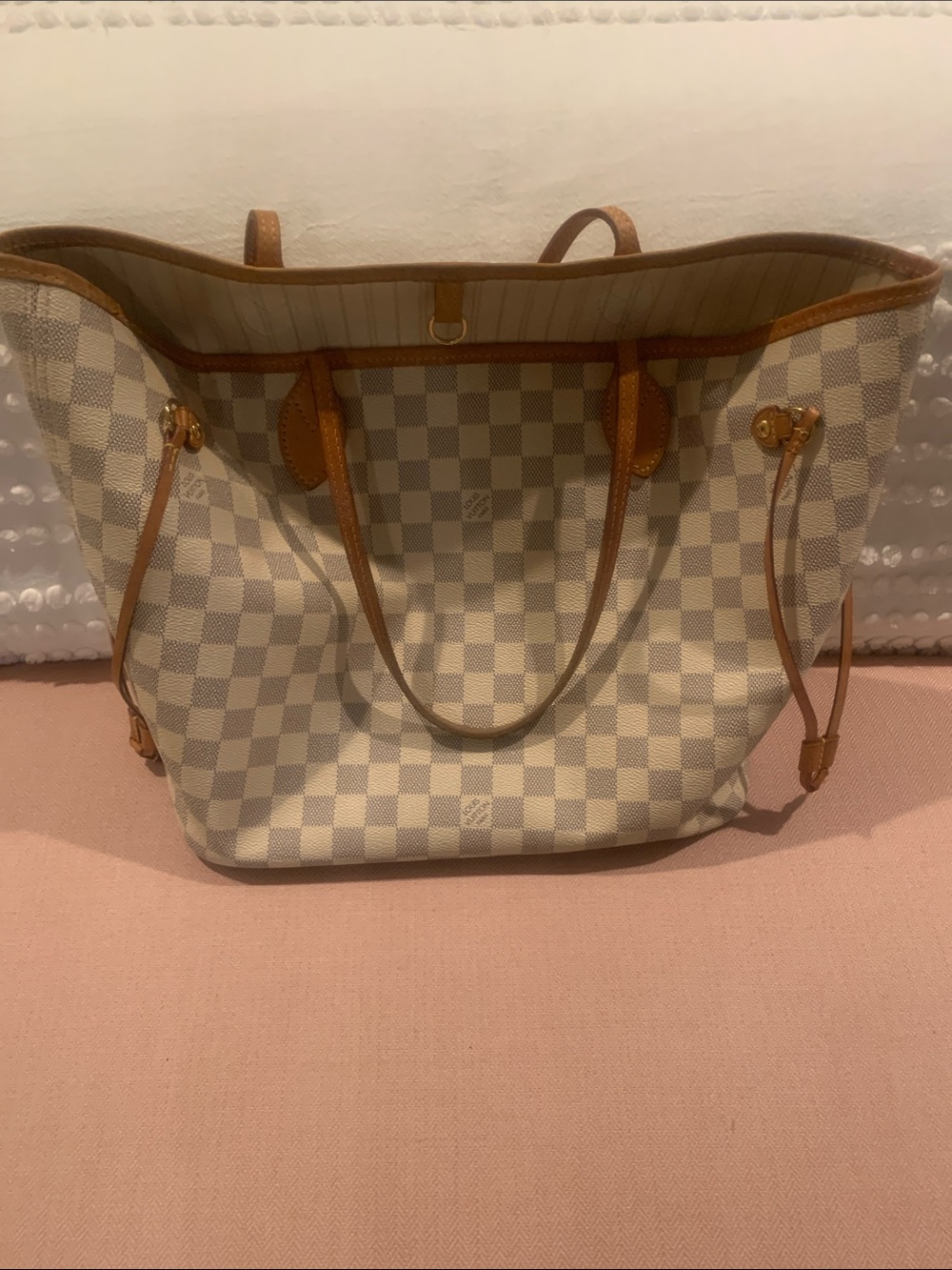 Designer-Inspired Cream Checkered Tote Bag with Tan Trim